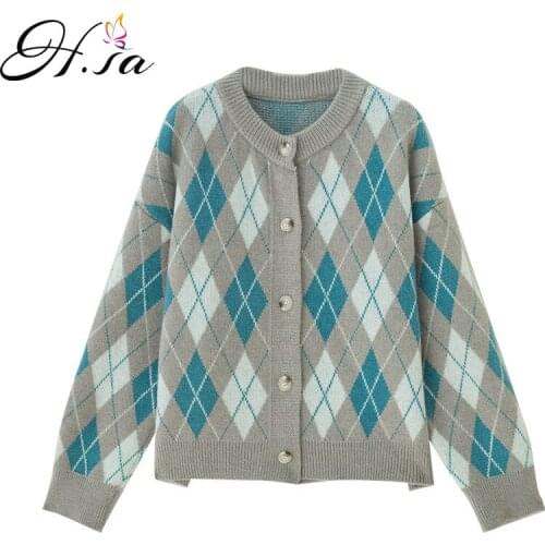HSA Women Fall Argyle Sweater Cardigans Knitted Jacket Girls Coat 2021 Winter Sweater Retro Vintage Long Sleeve Sweater Coat Top