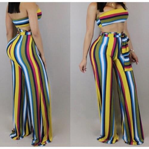 Rainbow Stripe Color Block Tube Bra Trousers Wide Leg Jumpsuit Tracksuit Playsuit + Belt Two Piece Set Womens Suit Costumes