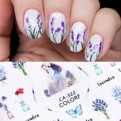 Newest CA-322 purple flower design 3d nail manicure back glue decal decoration design nail stickers art