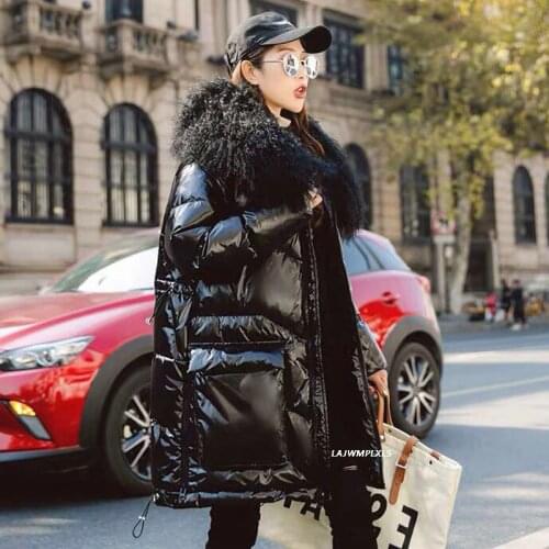 2020 Winter down jacket Women 90% white duck down Coat parkas Patent Leather glossy outwear Real Lamb Fur Collar thick Coat Y192