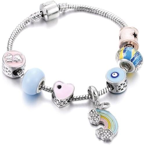 Rainbow Pendant Charm Bracelets&Bangles Women Fashion Crystal Flower Beads Bracelet Snap Claw DIY Handmade Jewelry Gift