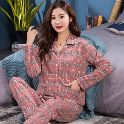 Plus Size Pyjama Lattice Female Casual Homewear Pijama Women Pajamas Sets Cotton Sleepwear Turn-Down Collar Long Sleeve Autumn