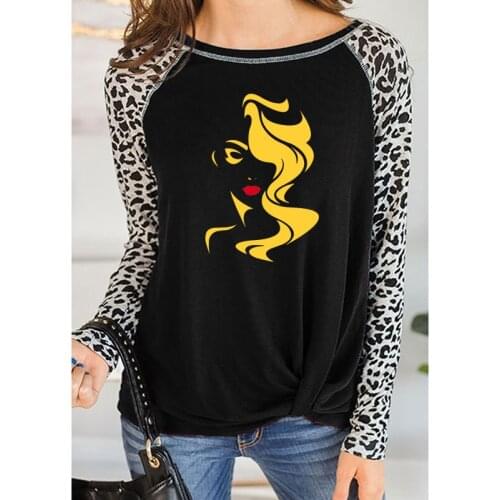 Beauty Salon Beautiful lady Hairdresser For Ladys Red Lips Shirt female T Shirts Women Leopard Long Sleeve round neck girl Tops