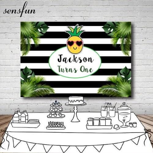 Sensfun Tropical Pineapple 1st Birthday Party Backdrop White and Black Striped Backgrounds For Photo Studio 7x5FT Vinyl