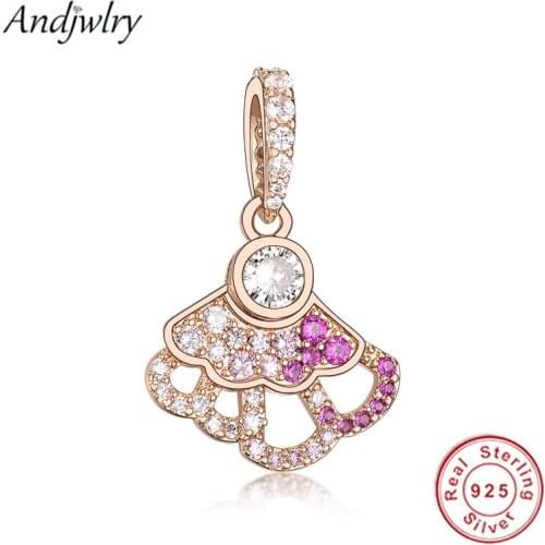 925 Sterling Silver Sparkling Pink & Clear Fan Dangle Charm Fit Original Pandora Charm Bracelet Pendant Silver Jewelry Berloque