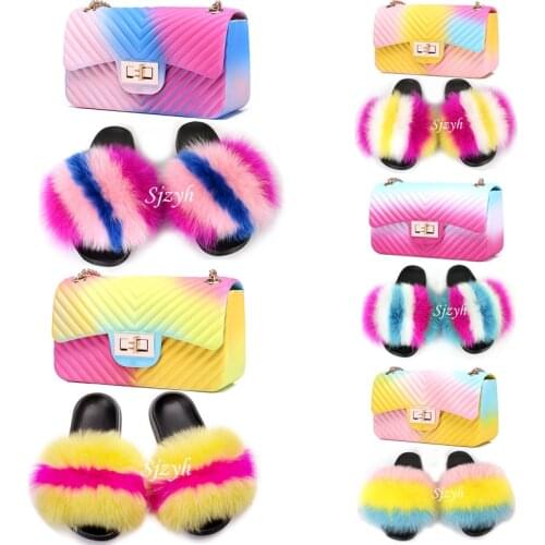 Wholesale Womens Fox Fur Slippers Rainbow Jelly Bags Shoes Sets Furry Slides Chain Crossbody Purse Female Handbag Fur Sandals
