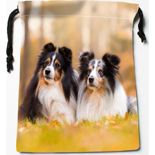Custom Sheltie Dog Drawstring Bags Wedding Party Christmas Gift Pouches Packing 18x22cm Satin Fabric Storage Bag 12.2