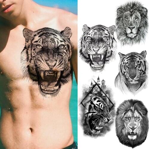 Black Big Tiger Temporary Tattoos For Men Adult Realistic Black Animal Fake Tattoo Sticker Fashion Lion Chest Waterproof Tatoos