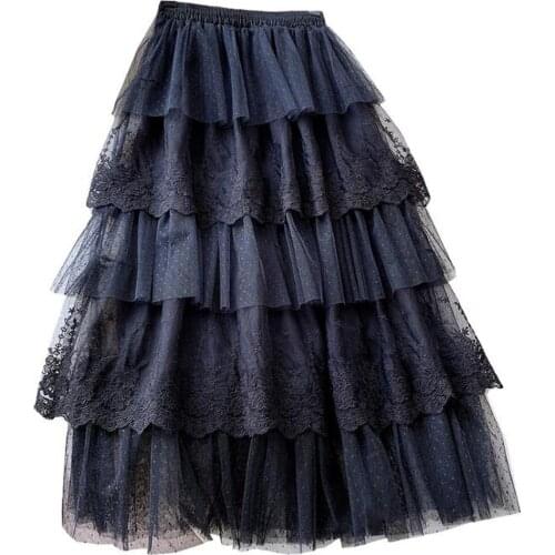 Women Summer Tulle Skirt White Black Tower Style Multi-Layer Tiered Frill Ruffle Cake Skirts Transparent Mesh Pleated Long Skirt