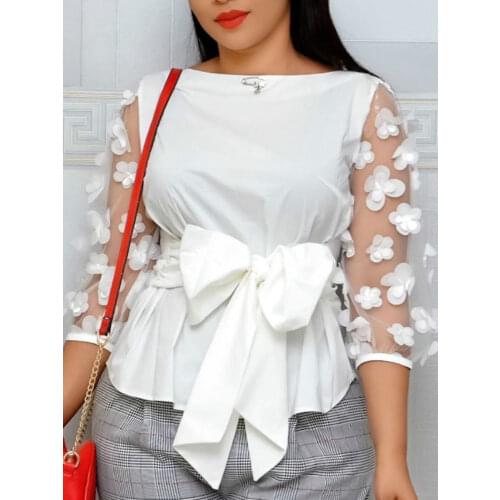 White Blouse Patchwork Sleeves with Appliques Bowtie Waist Belt Tops Shirts White Yellow Red Bluas Female Fashion Elegant New