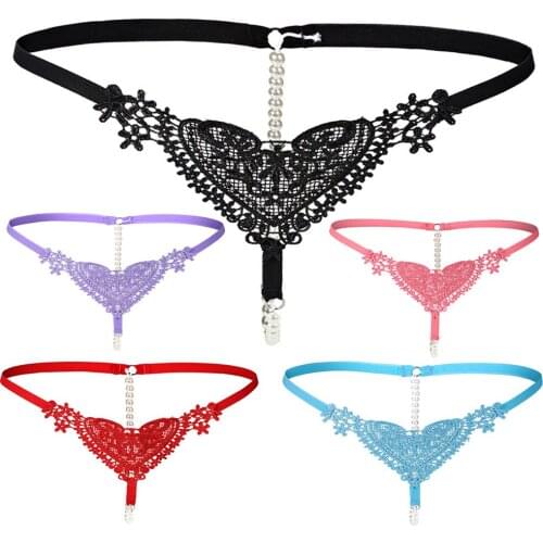 Women Sexy Pendant Thong Embroidery Pearl G String Adjustable Panties Low Waist Underwear BeadsTanga Massage Lingerie