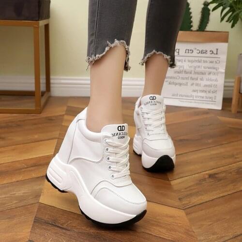 2019 Spring Breathable Mesh Sneakers Hidden Increasing Shoes Women Wedge Casual Shoes Lace High Heels 12 Cm Platform Shoes
