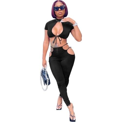 Black Lace Up Tacksuit Women Set Summer 2021 Sexy Hollow Out Short Sleeve Crop Top + Leggings Bandage Bodycon Club Two Piece Set