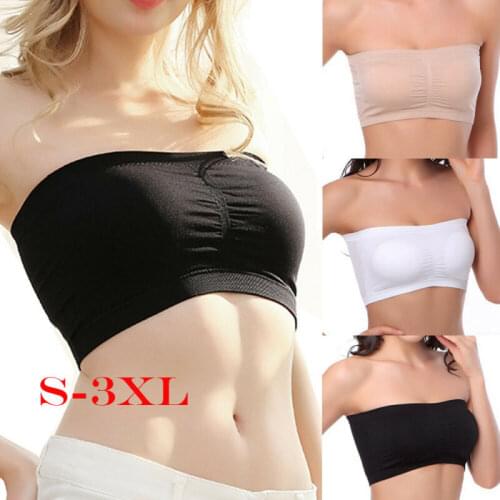 Plus Size Womens Strapless Boob Tube Bandeau Crop Top Stretch Bra Removable Padded Top Stretchy Seamless Bandeau Tube Tops