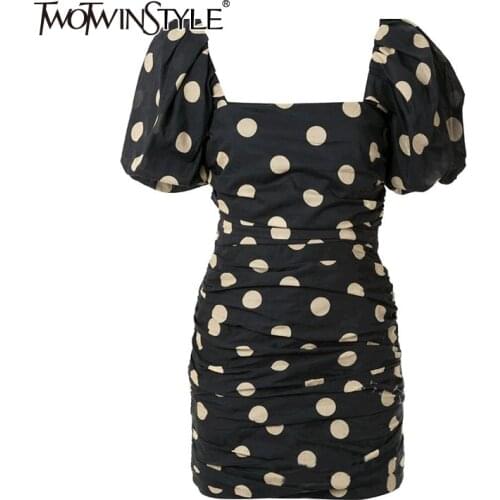 TWOTWINSTYLE Casual Summer Dress Women Square Collar Lantern Short Sleeve High Waist Mini Ruched Dresses Female Fashion Clothes