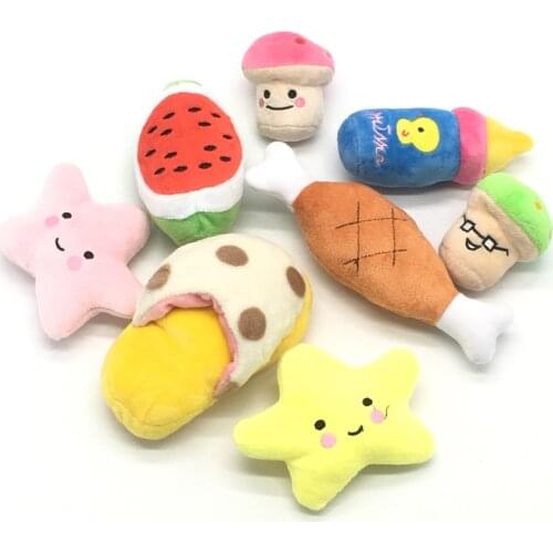 1pc Plush Dog Toys Fruit Vegetable Chicken Drum Bone Squeak Toy Puppy Interactive Chew Squeaky Toy Radish Duck Sounding Pet Toys