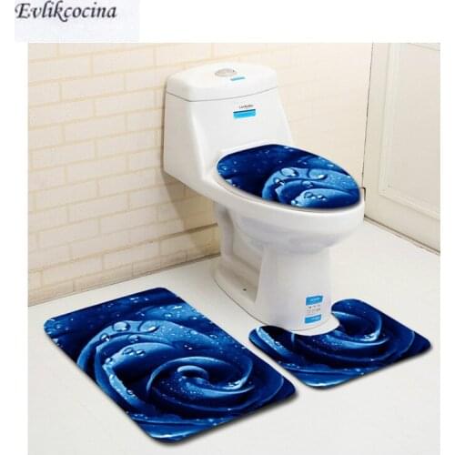 Free Shipping 3pcs Dark Blue Rose Banyo Bathroom Carpet Toilet U Bath Mat Set Non Slip Pad Tapis Salle De Bain Alfombra Bano