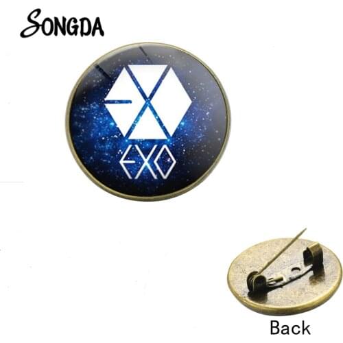 Harajuku EXO Badge Brooch Hip Hop Music Singer Kpop Mens Team Glass Cabochon Brooches Coat Collar Pins for Music Lovers
