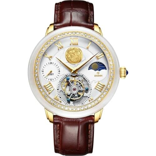 Fashion 24K Gold Men Tourbillon Watches Real Jade Top Luxury Natural Diamonds Clocks Sapphire Mechanical Wristwatches Moon Phase