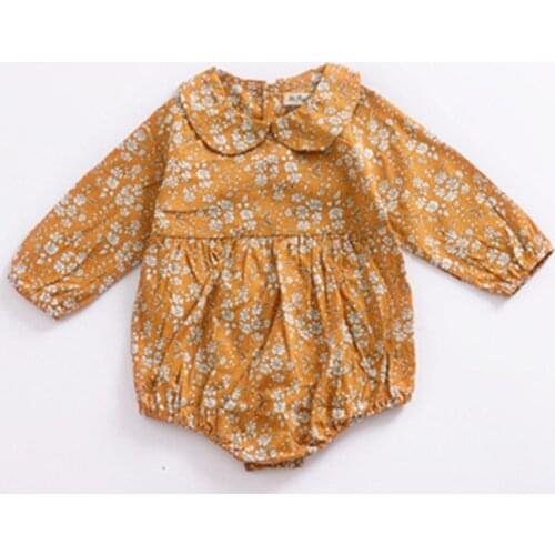 Autumn Baby Girls Long Sleeve Mustard Romper With Peter Pan Collar Infant Girls Clothing 0-3Y