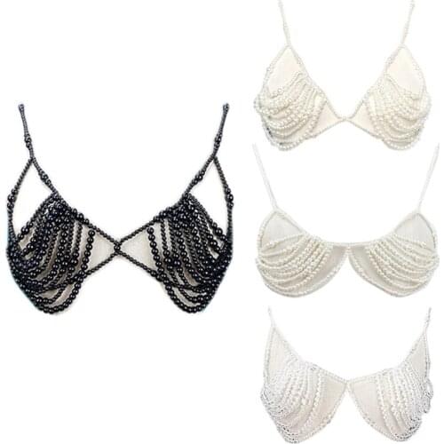 Women Imitation Pearl Body Jewelry Bikini Bra Crystal Beaded Chest Chain Harness