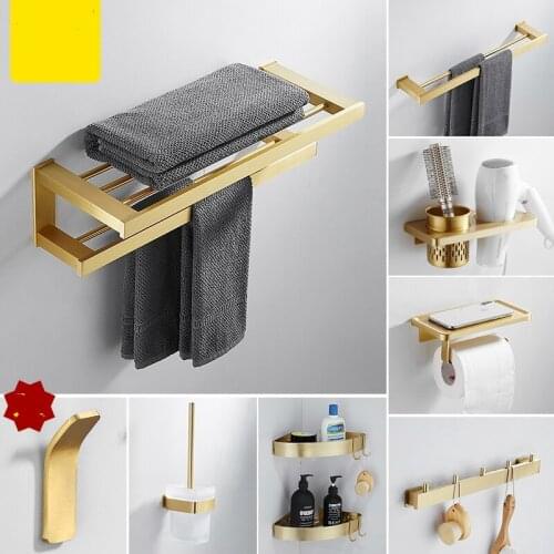 Shower Bathroom Sets Space Aluminum Bathroom Hareware Towel Rack Wall Dish Rack Toilet Brush Holder Brushed Gold Hook