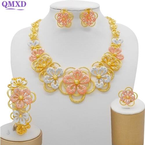 Colourful Flower Jewelry set new 24K gold color for women African Indian Dubai bridal wedding gifts necklace bracelet earrings