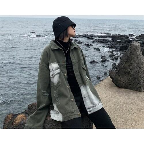 Spring Autumn Hole Tie Dye Denim Jacket Women Clothing Plus Size Loose Long Sleeve Vintage Jeans Coat Female Streetwear G1086