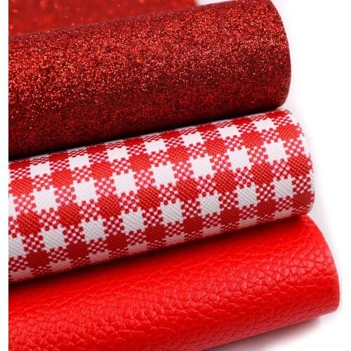 Red Series Faux Leather Sheet Rough Glitter Holographic Synthetic Leather Sheet Assorted 3pcs 7.7" x 12.9" (20 cm x 33 cm)