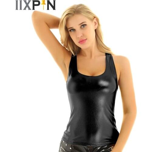Shiny Metallic Vest Tank Top Women Costume Deep U-neckline Sleeveless Camisole Vest Top Solid Color Slim Fits Tank Tops Clubwear