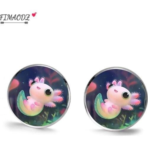 FIMAODZ Cute Axolotl Glass Gem Earrings for Women Girls Cartoon Animal Art Photo Fashion Pet Jewelry