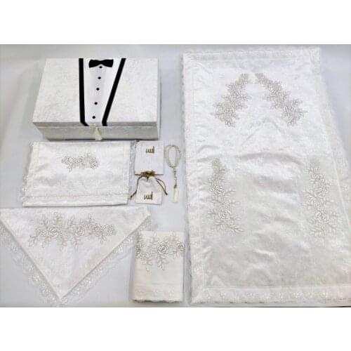 Cream Groom 8 Piece Coffer Prayer Rug Set Velvet Bundle Set