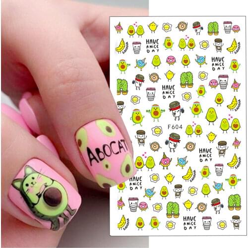Avocado 3D Nail Stickers Foil Decals Cute Comic Adhesive Slider Summer Design for Gel polish Nail Art Cartoon Decoration SAF604