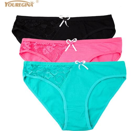 YOUREGINA Striped Woman Underwear Plus Size Seamless Panties Lace Cotton Under Wear Briefs Women Underpants Lingerie 3pcs/lot