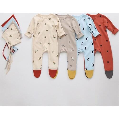 Newborn Baby Clothes With Hat Printed Baby Footed Jumpsuit Rompers Long Sleeves Infant Boys Girls Spring Bottoming Jumpsuits