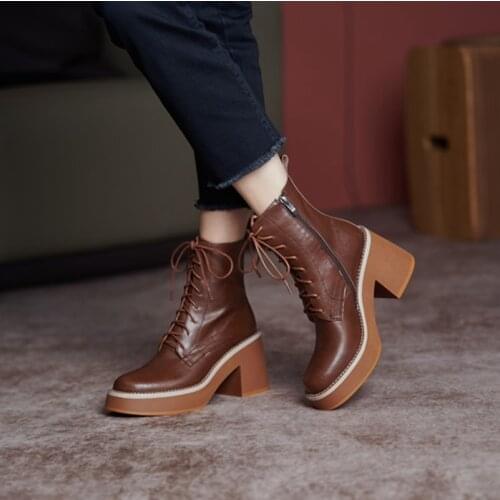 Fall Shoes Split Leather Platform Boots 2021 Fashion Women Shoes Winter Womens Boots High Heel Boots Women Lace-up Shoes Women