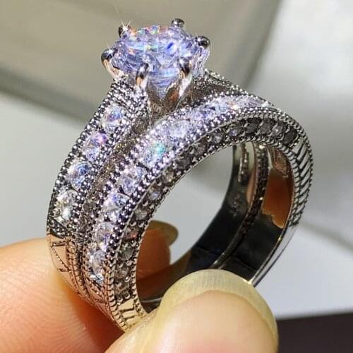 Couple Rings Vintage Jewelry 14KT White Gold Fill Round Cut 8mm White 5A Cubic Zircon Promise Women Wedding Bridal Ring Set Gift