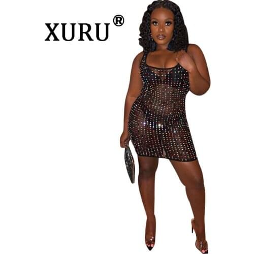 XURU Summer New Womens Positioning Hot Drill Dress Perspective Sling Strapless Nightclub Black Dress