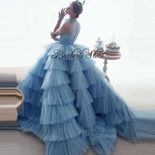 Princess Sky Blue Puffy Tulle Prom Dresses High Neck Sleeveless Ruffles Formal Party Dress Elegant Pleats Tiered Prom Gowns