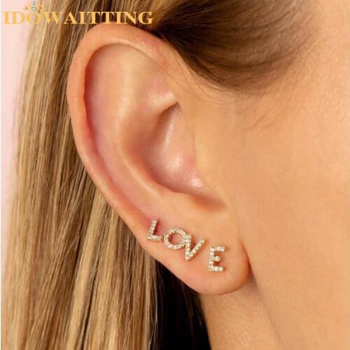 Gold silver 2color clear cz 26 Initial charm circle mini 925 sterling silver stud earring name letter Alphabet earr