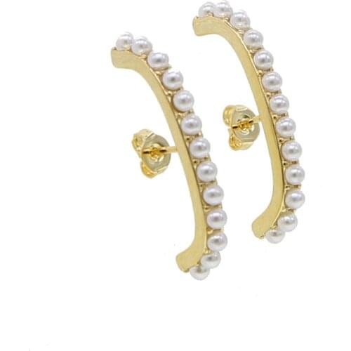 Gold silver color Fresh Water sea Pearl Bead paved Long bar stud earring simple geometric jewelry for women gift fashion jewelry