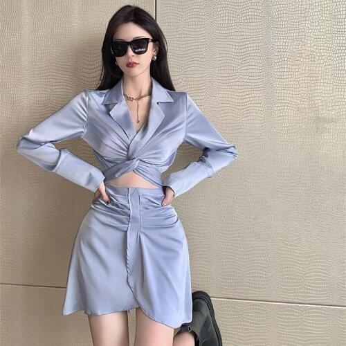 Chic Satin Solid Two piece set Women Streetwear Lapel V-neck Long Sleeve Knotted Cross Tie Shirt + Pleated Mini Skirt Sets