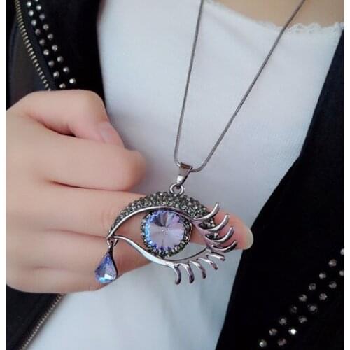 Blue Eye Tear Drop Black Snake Sweater Chain Rhinestone Pendant Necklace Jewelry