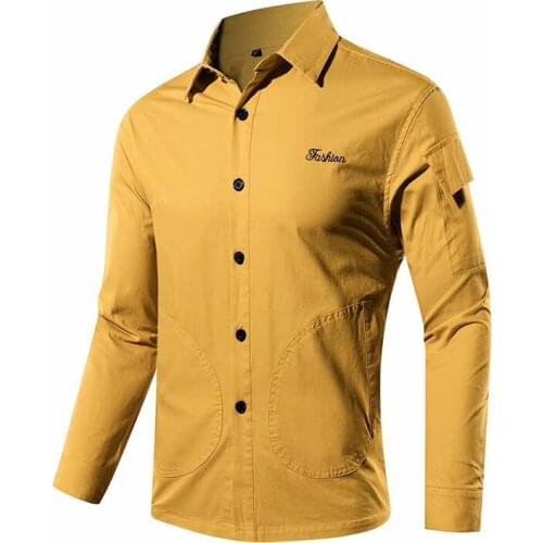 Boys Long Sleeve Top Yellow Shirt Men Workwear Casual Business Cotton Oversized Shirt Social Button Collar Shirts Male 3xl 4xl
