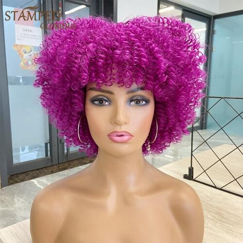 Stamped Glorious Afro Kinky Curly Wig Purple Wig With Bangs Synthetic Short Wigs For Black Women High Temperature Hair