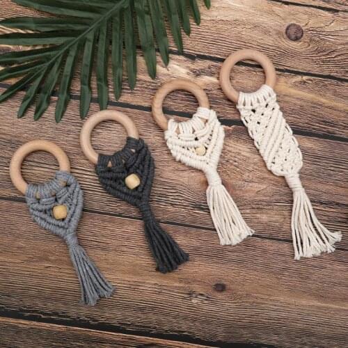 Vintage Braided Cotton Baby Teething Ring Chewie Teether Safety Wooden Natural Sensory Toy Gift