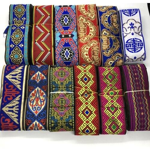 High Quality many style gold thread embroidery ribbon 5CMx8YD National Woven Jacquard Ribbon DIY belt Sofa curtain Accessoreis