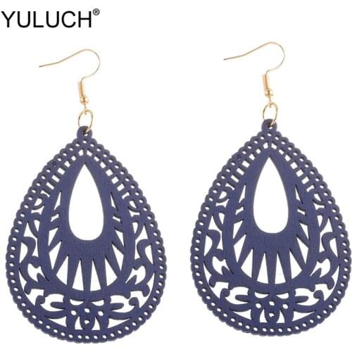 YULUCH 2019 Ethnic Women Big Hollow Wooden Water Drop Earrings Pop Fashion Jewelry African Indian Long Hanging Pendant Earrings