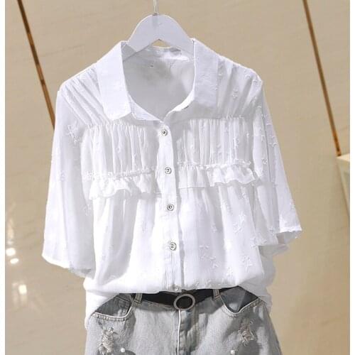Chiffon Ruffles Women Shirts Summer New Loose Elegant Short-Sleeved All Match Pocket Office Lady Work Outwear Tops