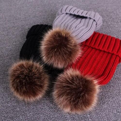 Plush Lining Woman Winter Hat Fur Pompon Hat For Women Knitted Beanies Cap Hat Thick Women Skullies Beanies Red color